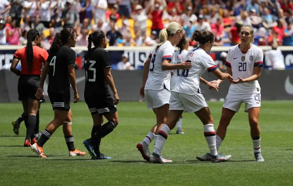HARRISON, NJ - MAY 26, 2019 U.S. Women's National Soccer Team celebrates scoring goal during friendly game against Mexico as preparation for 2019 Women's World Cup in Harrison, NJ. USA won 3 - 0