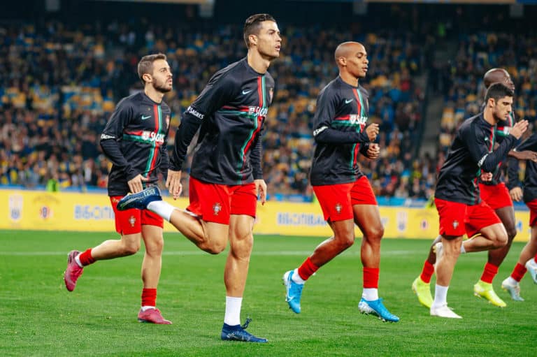 Kyiv, Ukraine - October 14, 2019 Cristiano Ronaldo, captain and forward of Portugal national team during the prematch training at the Olympic Stadium