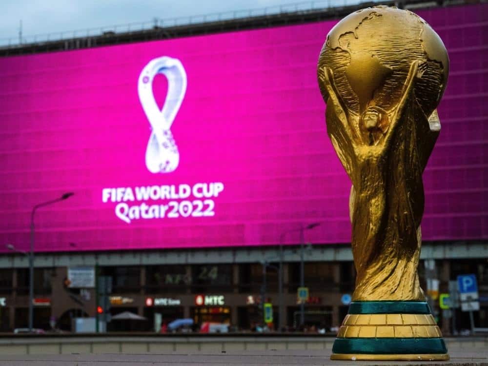 World Cup Trophy In front of a Banner for FIFA World Cup Qatar 2022