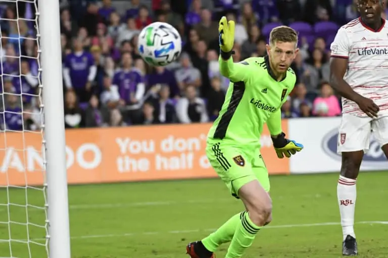 Real Salt Lake Goalkeeper Zac MacMath #18 watches the ball goes out at Exploria Stadium on Saturday February 29, 2020