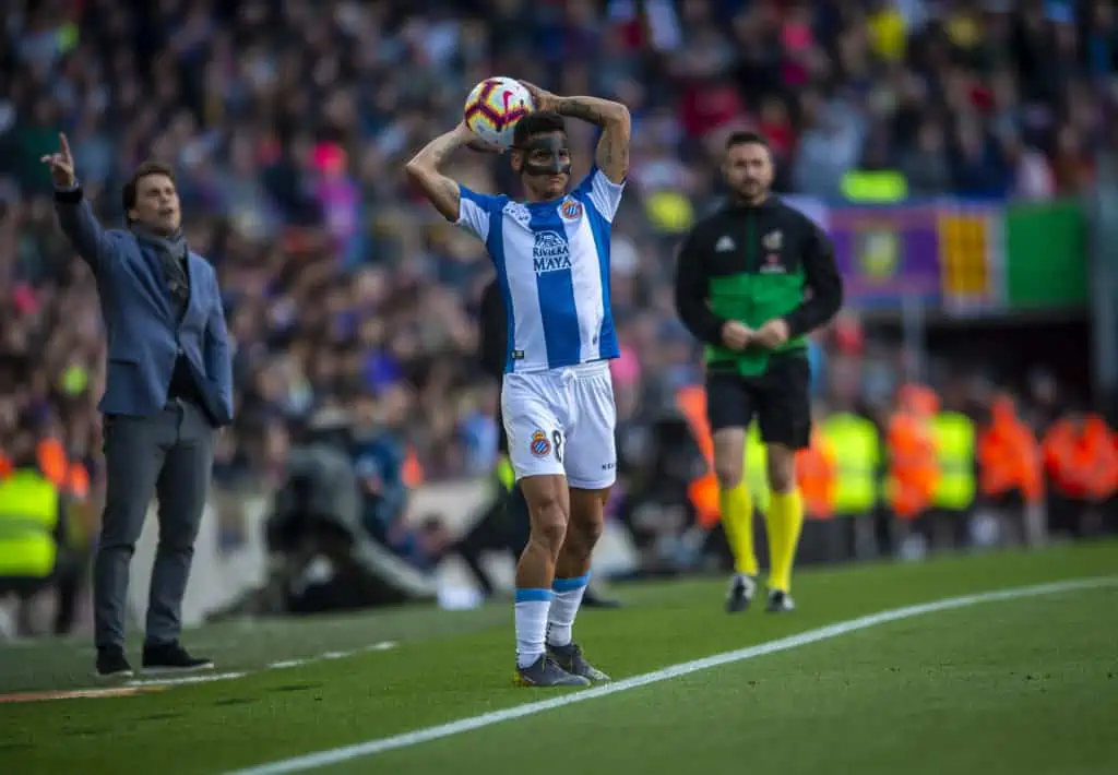 Roberto Rosales of RCD Espanyol throws the ball against FC Barcelona during their 29th round match of the La Liga 2018 2019 season at Camp Nou Stadium in Barcelona Spain 30 March 2019