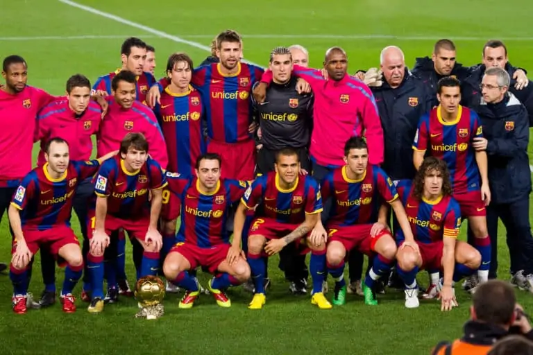 Barcelona Soccer Team Line-up - Messi with the Golden Ball Trophy