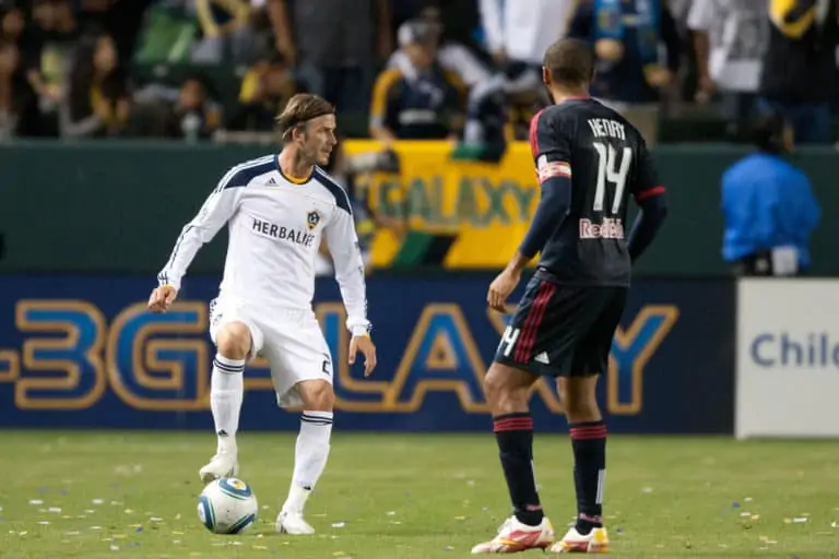 CARSON, CA. - MAY 7: Los Angeles Galaxy M David Beckham #23 keeps the ball away from New York Red Bulls F Thierry Henry #14 during the MLS game on May 7 2011 at the Home Depot Center.