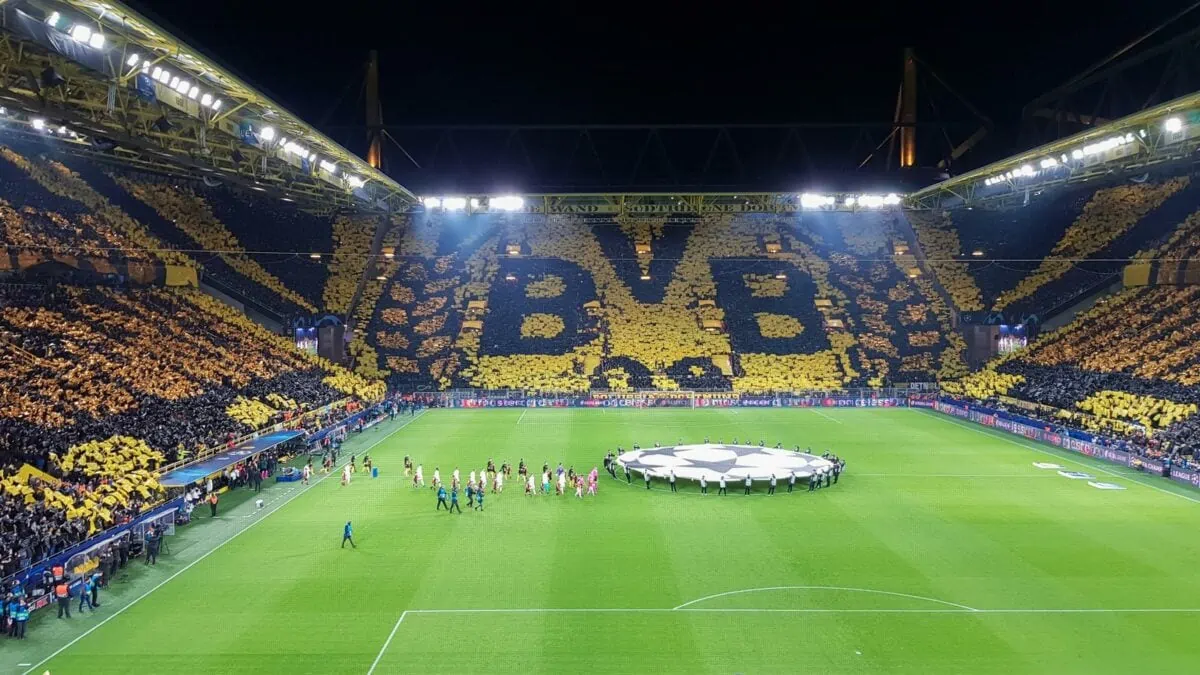 Germany Dortmund February 18 2020. Borussia fans celebrate their teams victory during a match at the BVB home stadium with the French team Paris Saint Germain PSG. ○ Soccer Blade