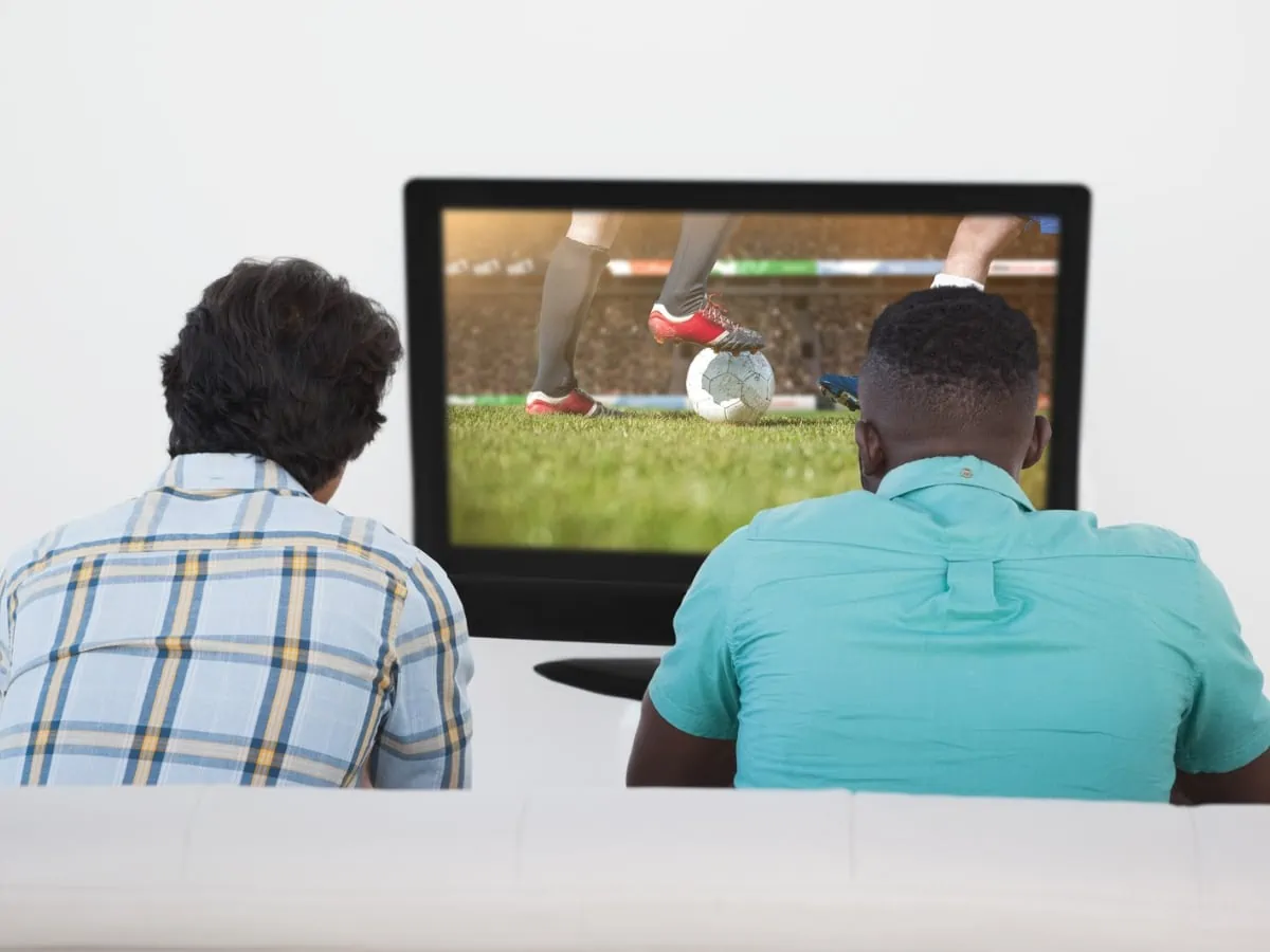Two men watching soccer on TV. ○ Soccer Blade