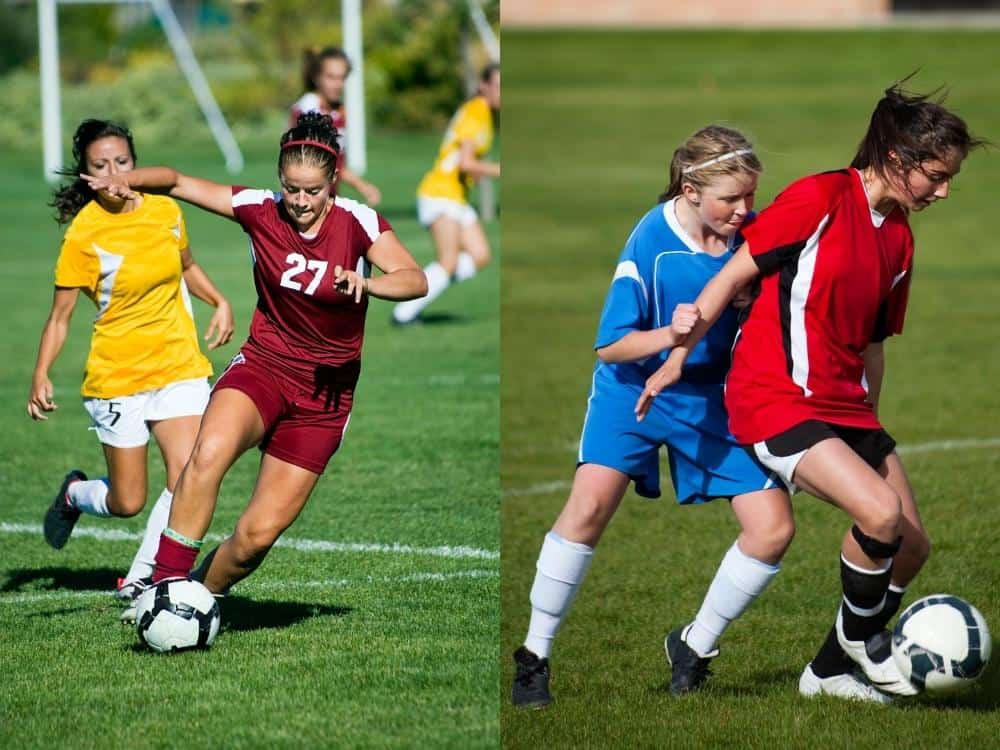 Two sets of womens soccer players using their arms to hold off a defender