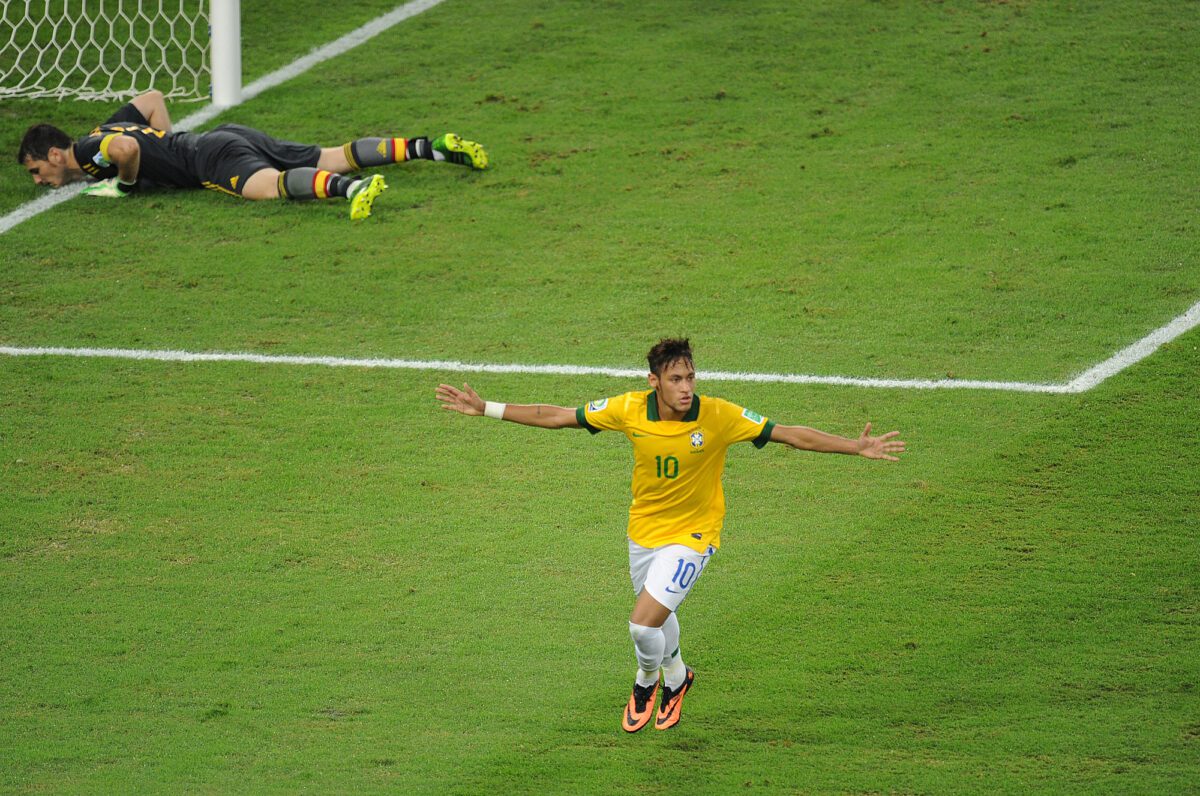 Brazilian soccer player Neymar celebrating his goal in the match Brazil vs. Spain in the final of the Confederations Cup 2013 in Maracana stadium in the city of Rio de Janeiro. ○ Soccer Blade
