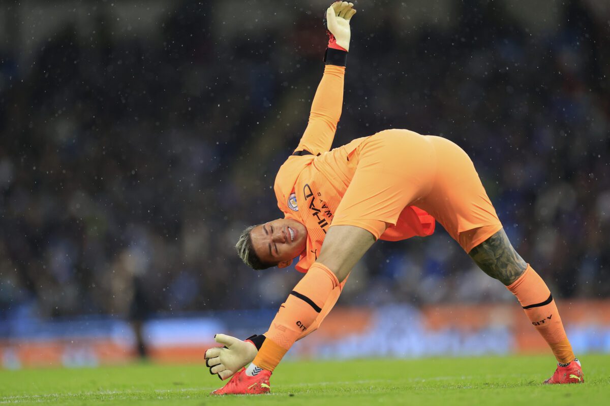 Ederson 31 of Manchester City does his stretch exercises during the game the Premier League match Manchester City vs Everton at Etihad Stadium Manchester United Kingdom 31st December 2022. ○ Soccer Blade