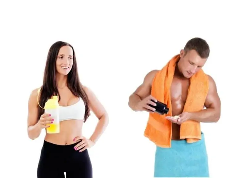 Man and women taking health sport supplements