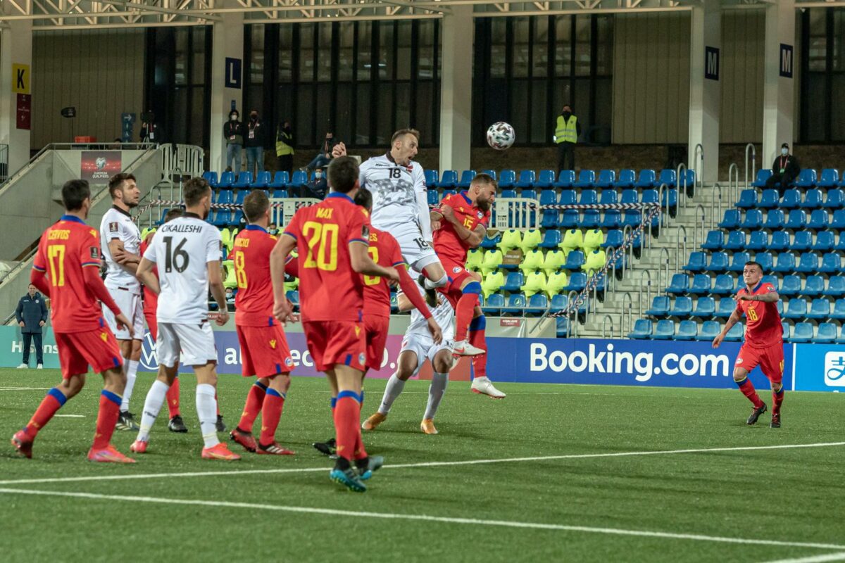 Header at goal during Andorra La Vella Andorra 2021 March 25 Players of Albania in the Qatar 2022 World Cup Qualifying match. ○ Soccer Blade