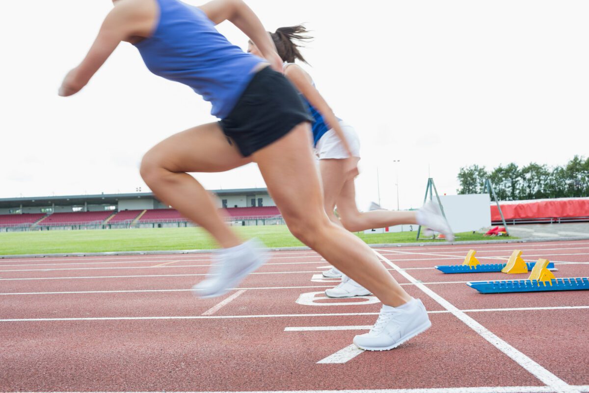 Runners starting a race on the track. ○ Soccer Blade