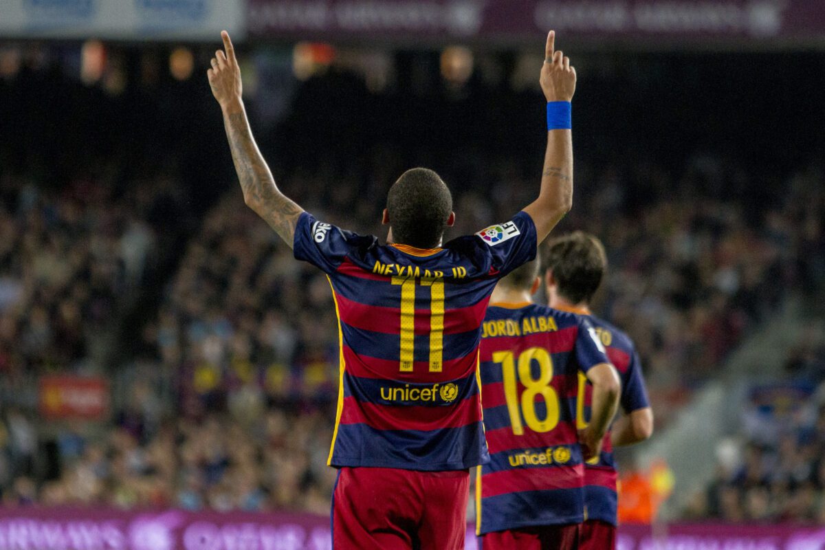 SPAIN Barcelona Neymar of Barcelona celebrates his second of four scores during a match against Rayo Vallecano on the eighth matchday of La Liga at Camp Nou stadium Barcelona on October 17 2015. ○ Soccer Blade