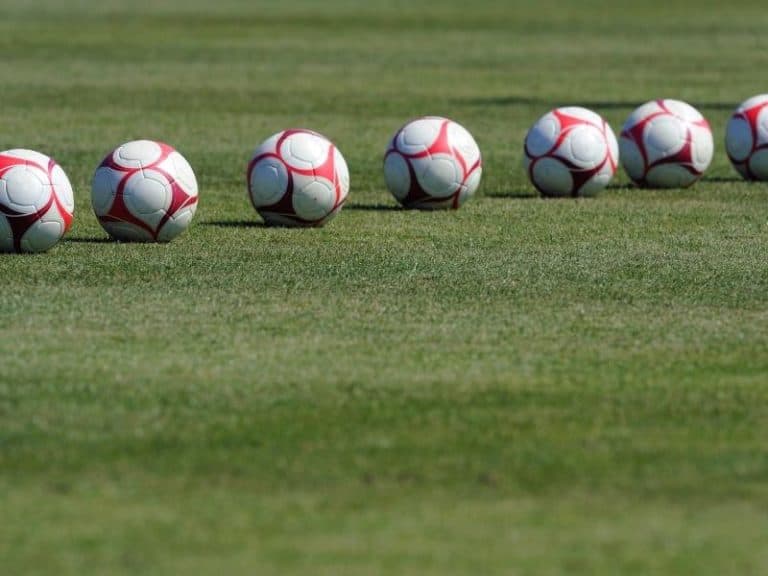 Soccer balls in a line on a field