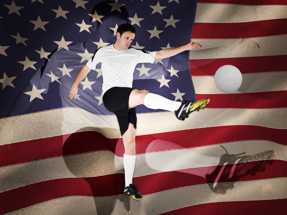 Soccer player kicking a ball in front of a USA flag. ○ Soccer Blade
