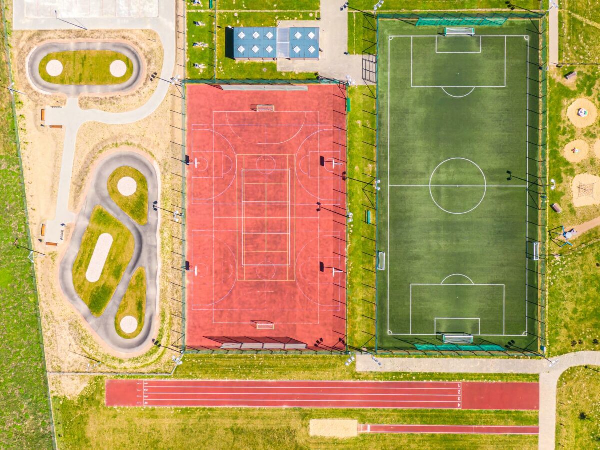 Top View Bird eye view of school college with basketball soccer courts. Street sport. ○ Soccer Blade