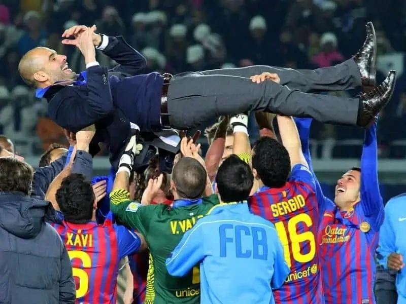 FC Barcelona team celebration 2011 The players lifting manager Pep Guardiola in the air