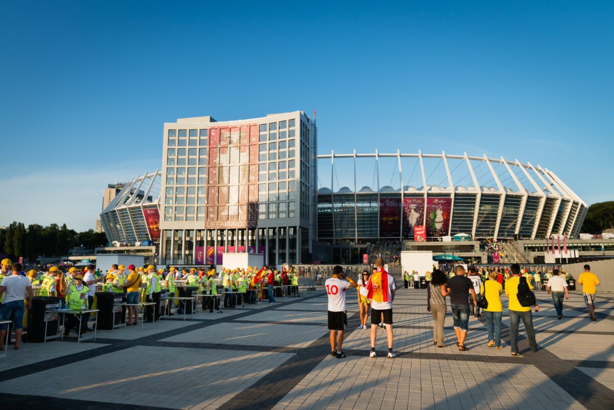 KIEV UKRAINE JUL 1 Olympic stadium entrance with security check points before EURO 2012 final match Spain vs. Italy on July 1 2012 in Kiev Ukraine ○ Soccer Blade
