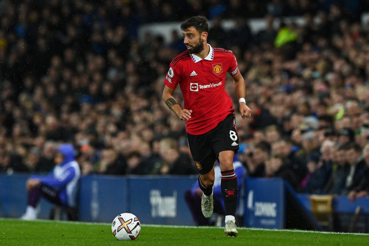 Bruno Fernandes 8 of Manchester United makes a break with the ball during the Premier League match Everton vs Manchester United at Goodison Park Liverpool United Kingdom 9th October 2022 ○ Soccer Blade