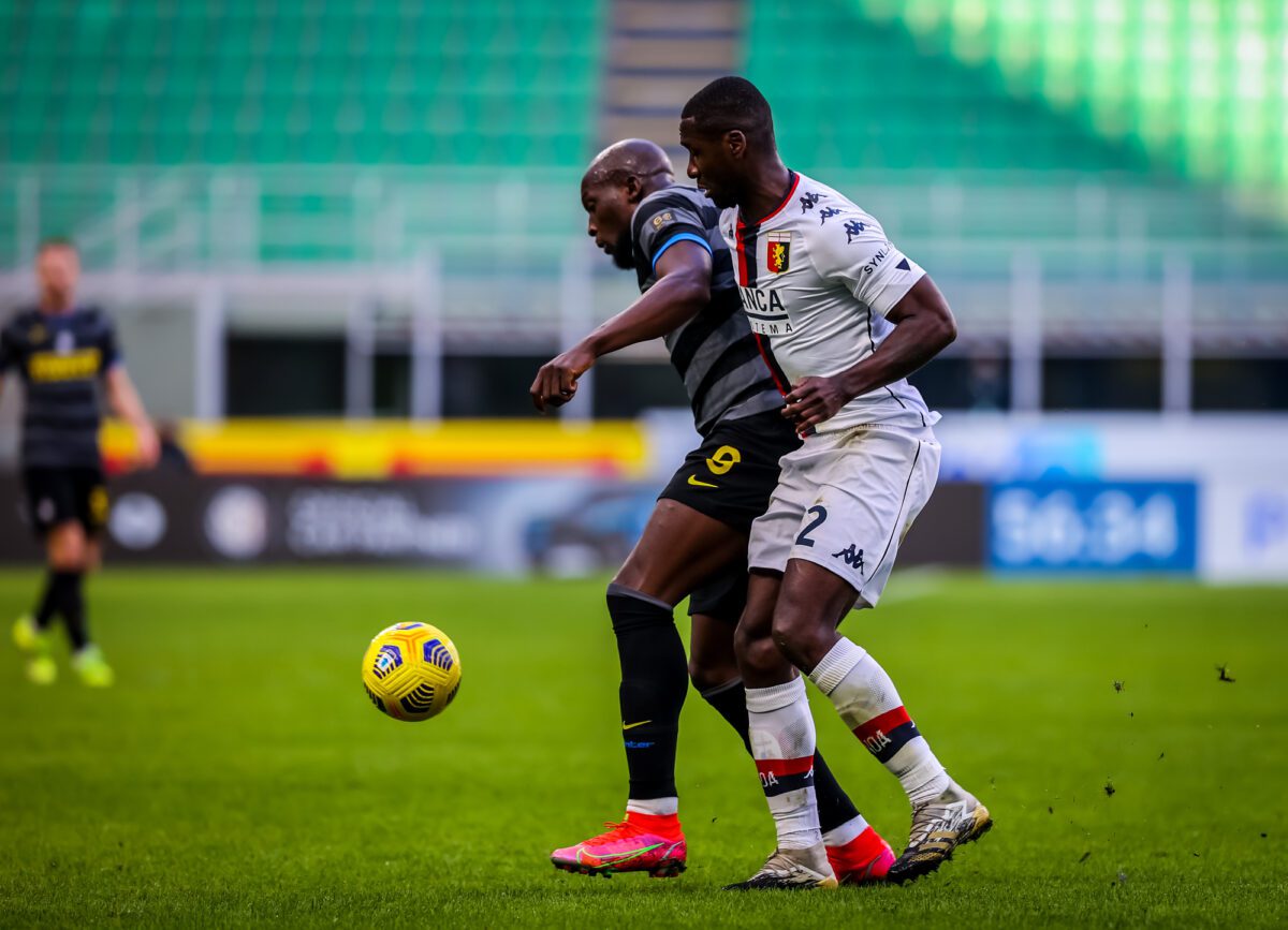 Romelu Lukaku of FC Internazionale left and Cristian Zapata of Genoa CFC Italian soccer Serie A match FC Internazionale vs Genoa CFC. Giuseppe Meazza stadium in Milan Italy February 28 2021 ○ Soccer Blade