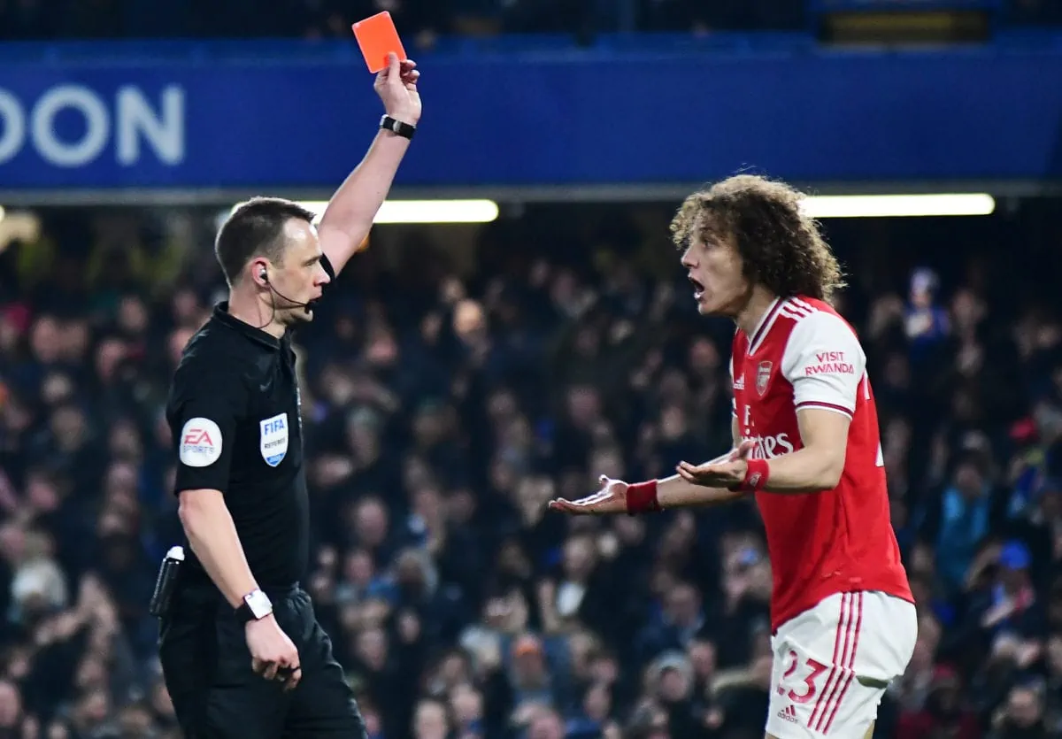 LONDON ENGLAND JANUARY 21 2020 David Luiz of Arsenal sees the red card during the 201920 Premier League game between Chelsea FC and Arsenal FC at Stamford Bridge. ○ Soccer Blade
