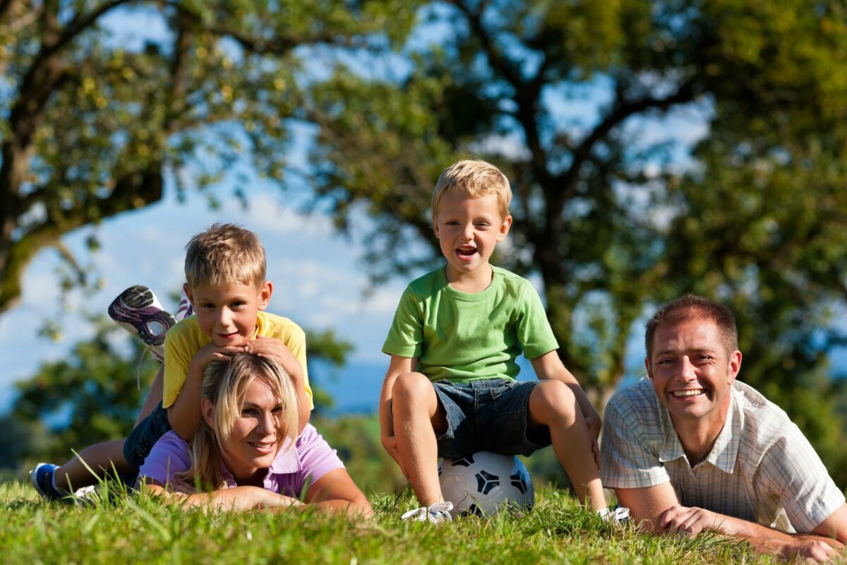 Family with two little boys playing in the grass on a summer meadow they have a soccer ball. ○ Soccer Blade