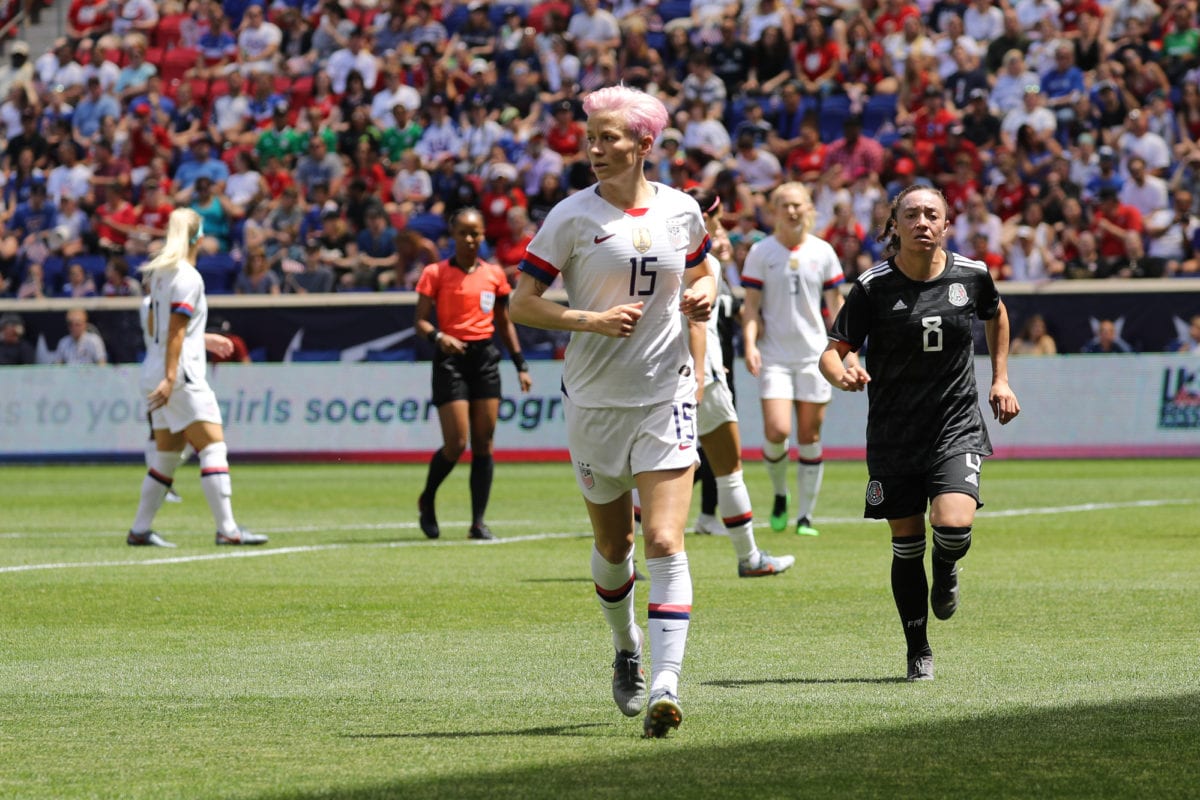 HARRISON NJ MAY 26 2019 U.S. Womens National Soccer Team forward Megan Rapinoe 15 in action during friendly game against Mexico as preparation for 2019 Womens World Cup in Harrison NJ. ○ Soccer Blade