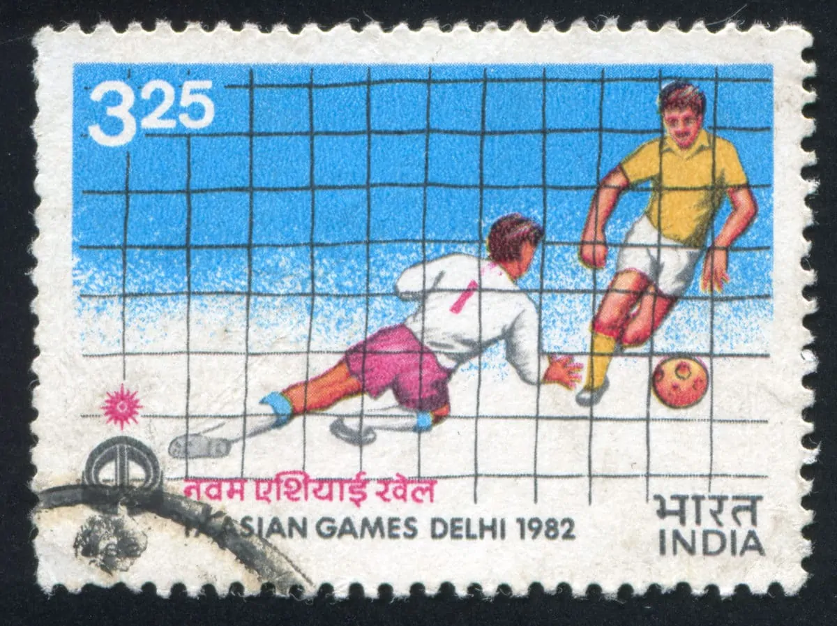 INDIA CIRCA 1982 stamp printed by India shows soccer players circa 1982. ○ Soccer Blade