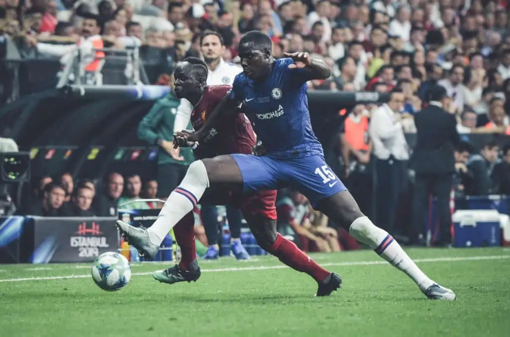 Istanbul Turkey August 14 2019 Sadio Mane and Kurt Zouma during the UEFA Super Cup Finals match between Liverpool and Chelsea at Vodafone Park in Vodafone Arena Turkey
