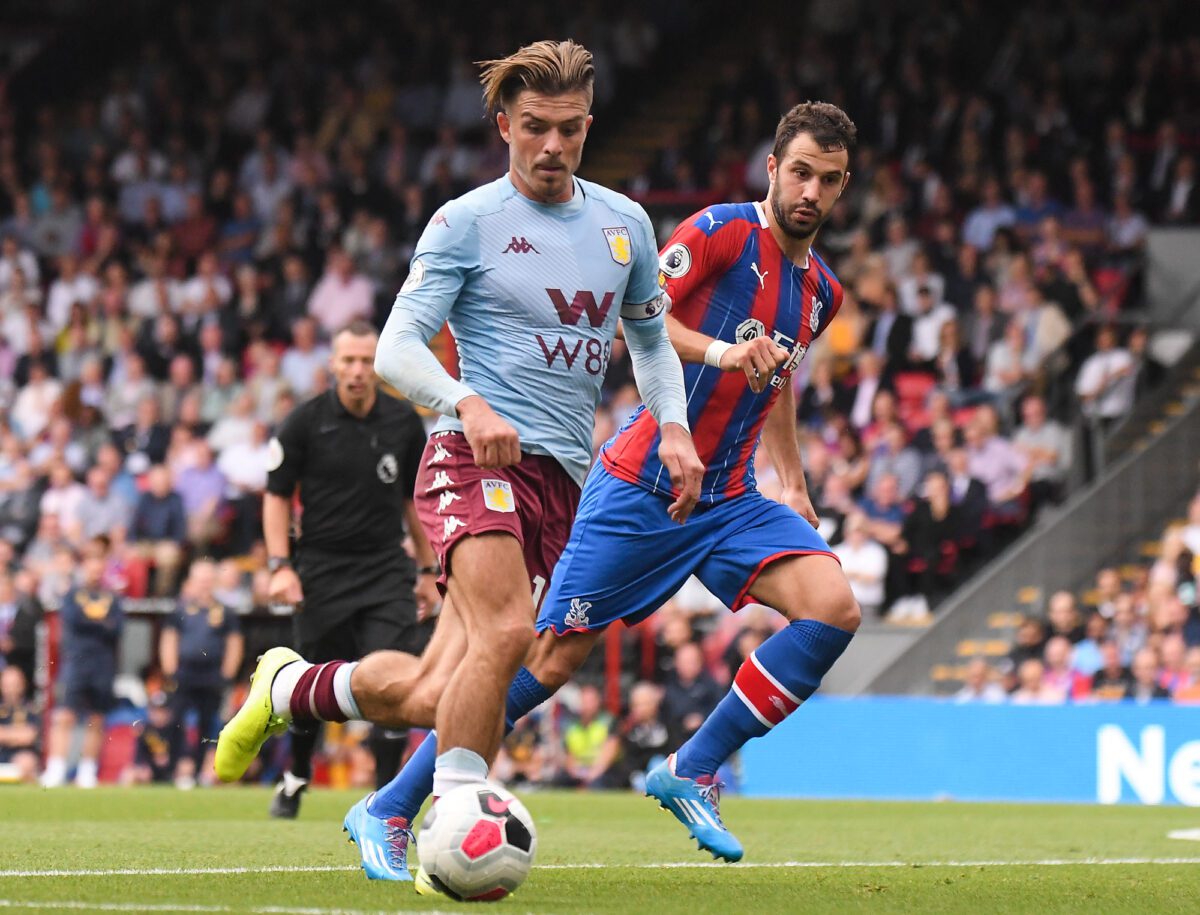 London England August 2019 Jack Grealish Villa Luka Milivojevic Palace LONDON ENGLAND AUGUST 31 2019 Jack Grealish of Villa L and Luka Milivojevic of Palace R picture. ○ Soccer Blade