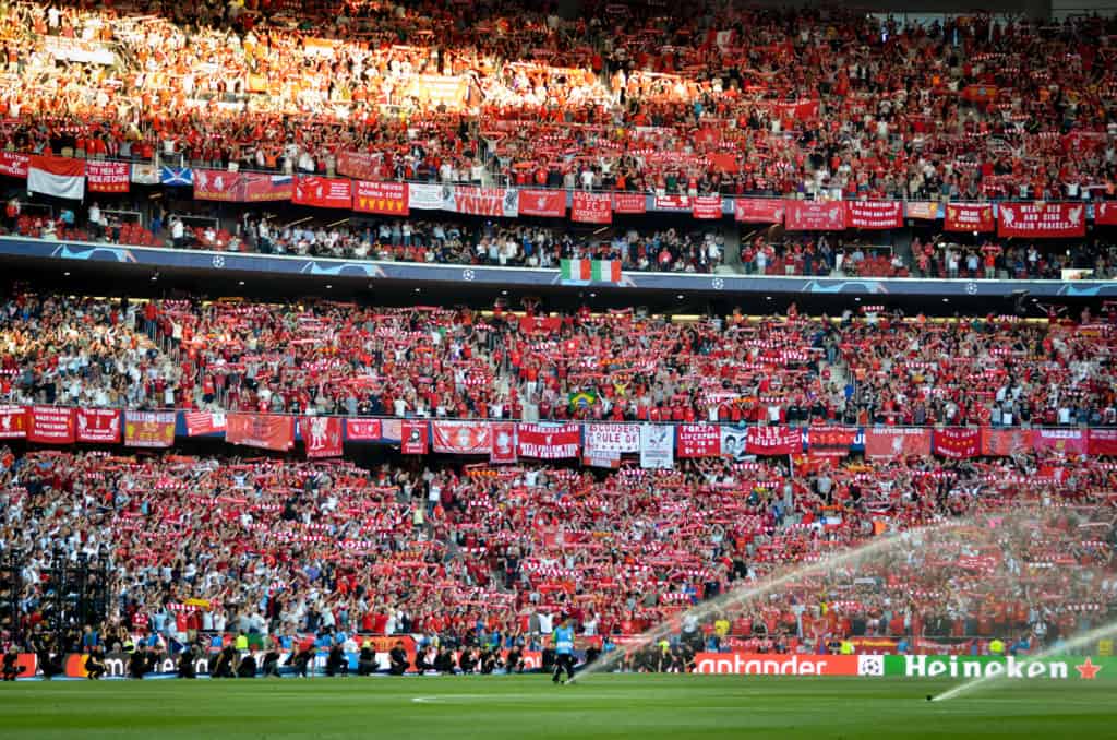Madrid Spain 01 MAY 2019 Filled tribunes with the Liverpool fans during the UEFA Champions League 2019 final match between FC Liverpool vs Tottenham at Wanda Metropolitano Spain