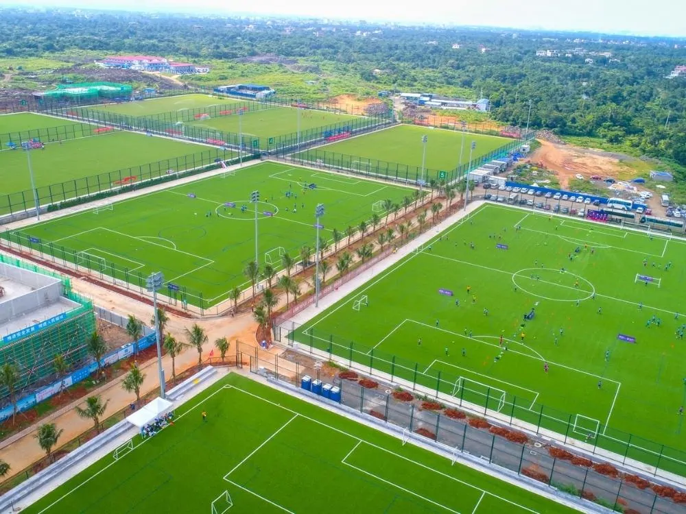 Aerial view of eight soccer training fields doing soccer drills 2