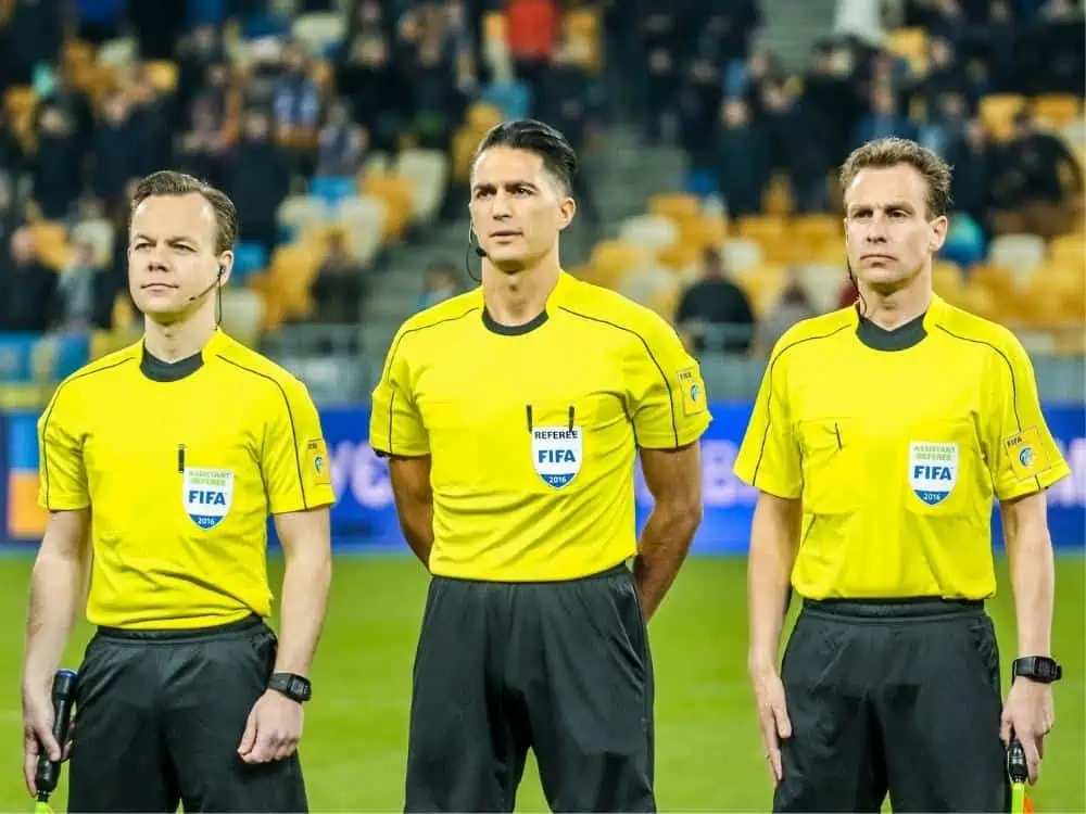 KIEV UKRAINE MARCH 28th brigade of arbitrators before the final whistle of the friendly match between the national teams of Wales ukariny against the team on the NSC Olympiysky stadium