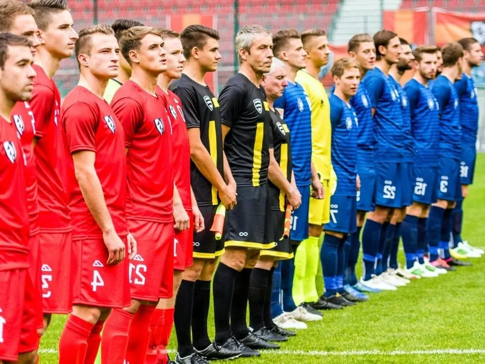 Soccer teams lined up before a game