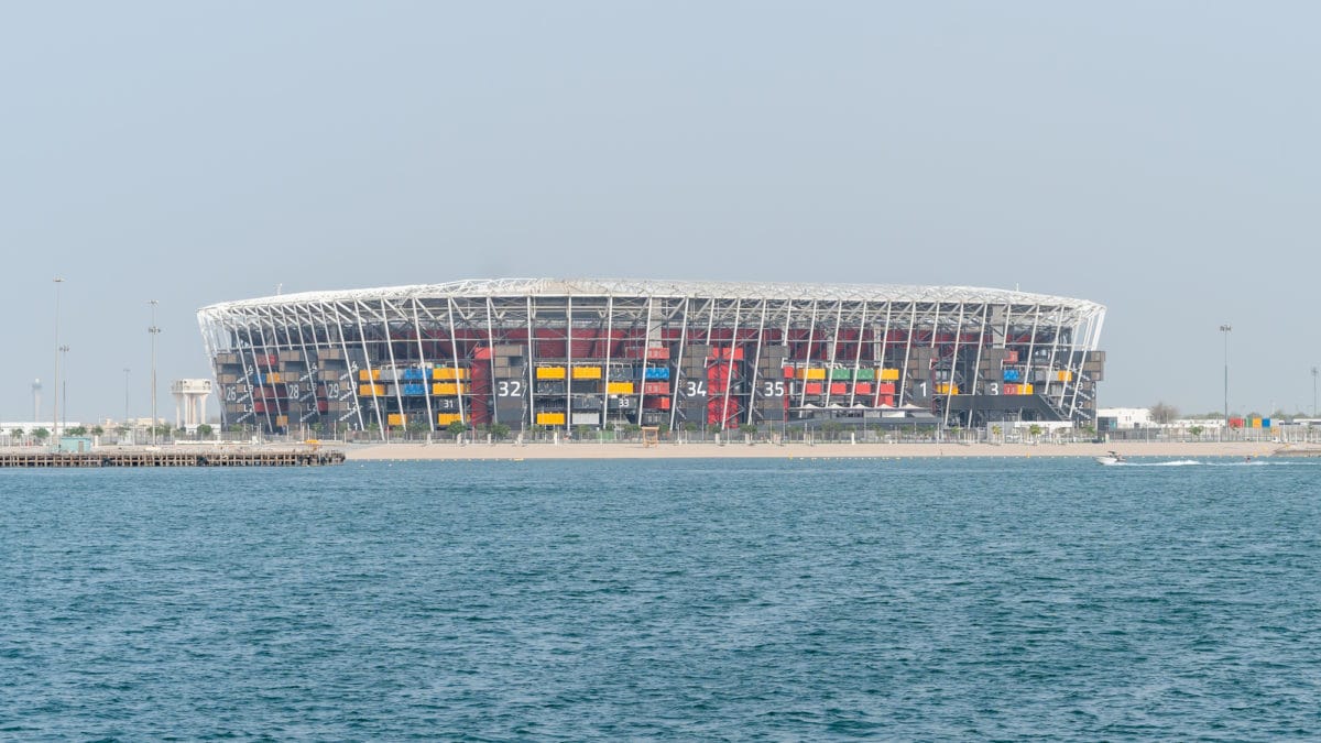 Doha Qatar December 122021 view of 974 stadium from sea.stadium build with containers. ○ Soccer Blade
