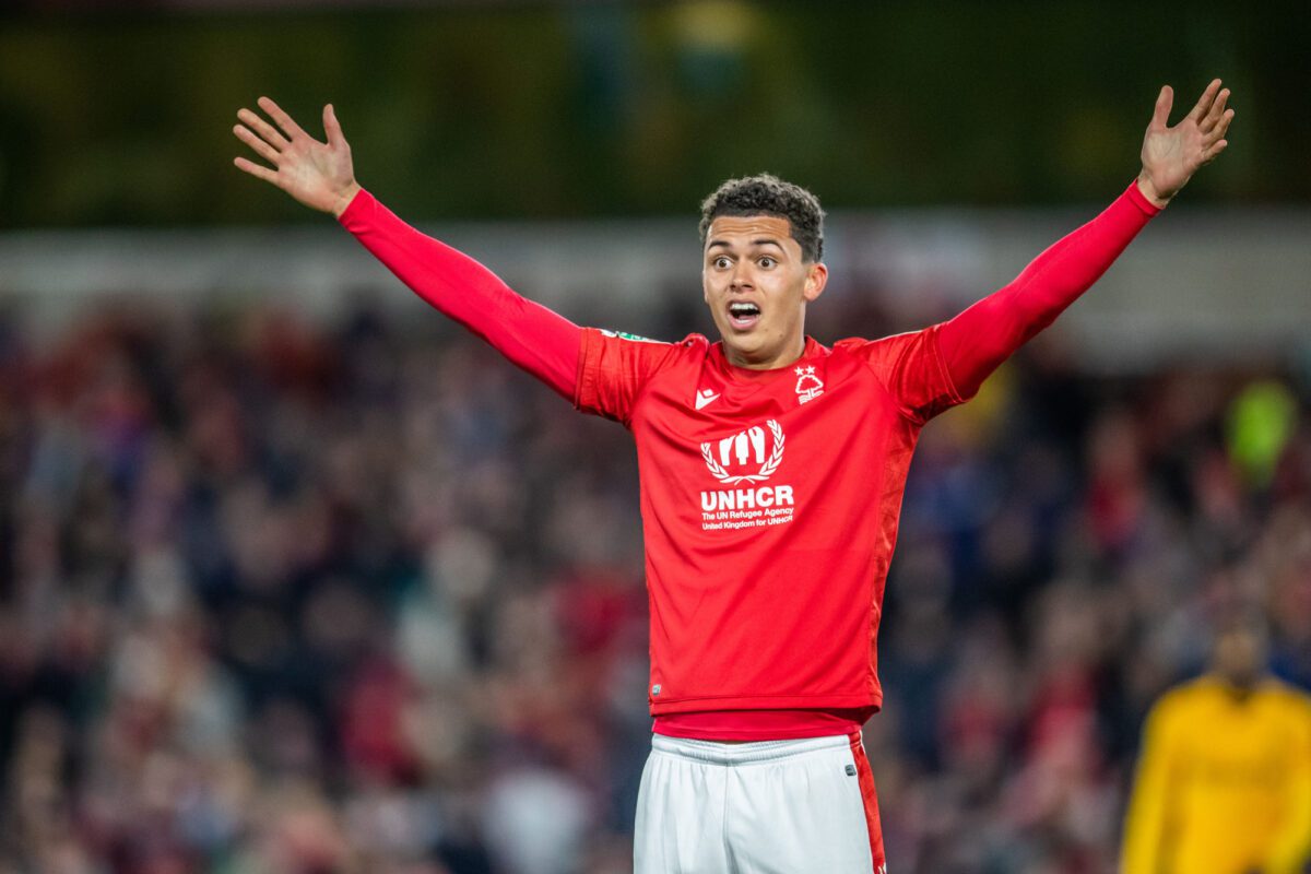 Brennan Johnson of Nottingham Forest appeals for a handball during the Carabao Cup Quarter Final match Nottingham Forest vs Wolverhampton Wanderers at City Ground Nottingham EPL 11th January 2022 ○ Soccer Blade