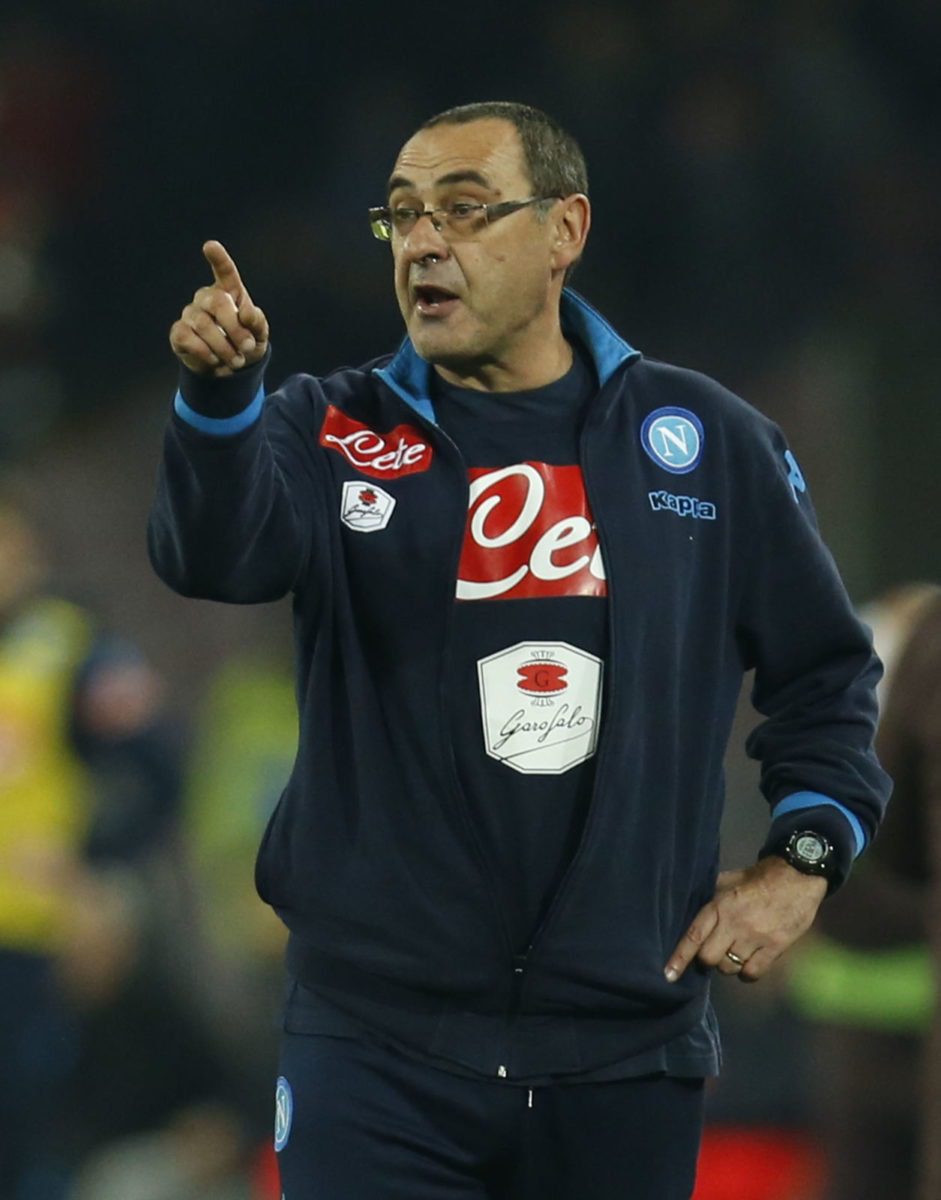 ITALY Naples Napoli coach Maurizio Sarri reacts during a Serie A match between AS Roma and SSC Napoli at Stadio San Paolo in Naples Italy on December 13 2015. ○ Soccer Blade