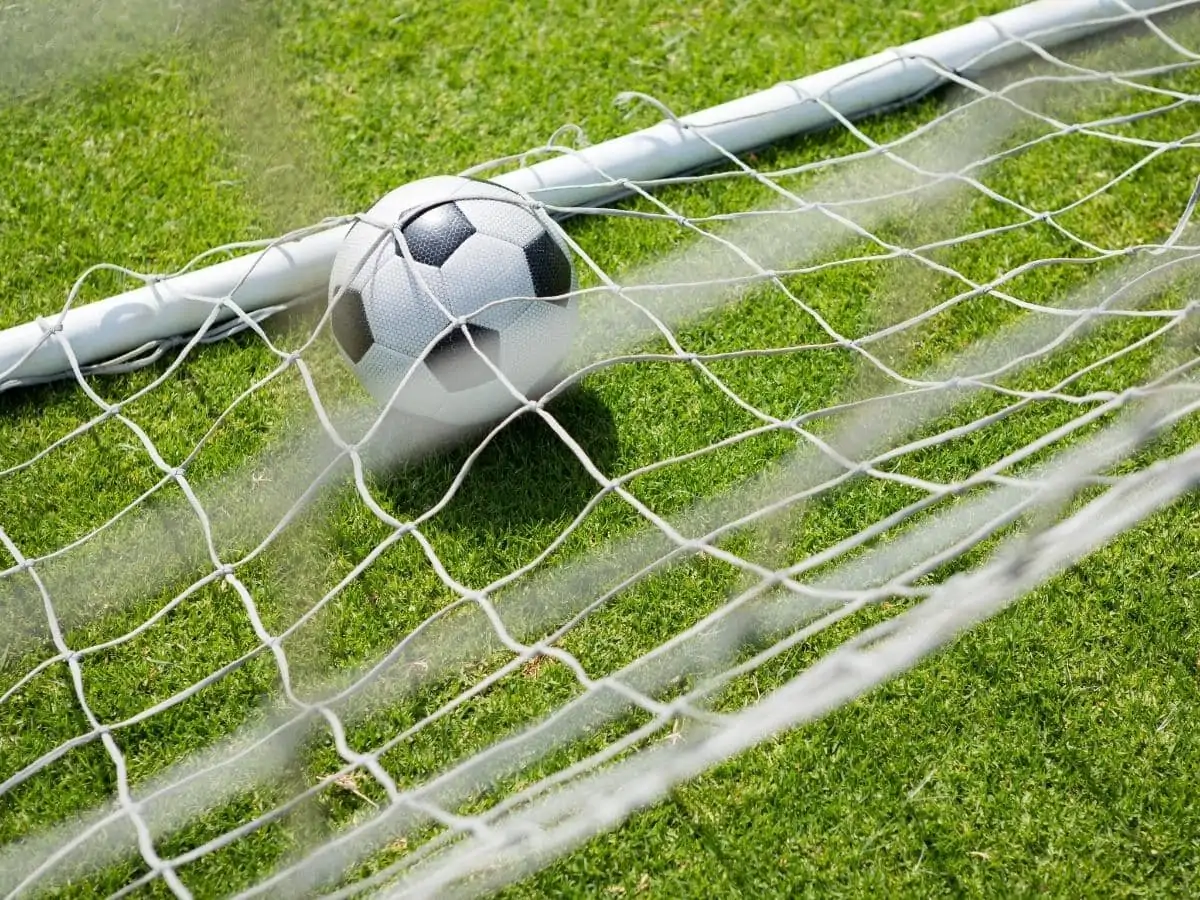 Wilson soccer ball in a goal. ○ Soccer Blade