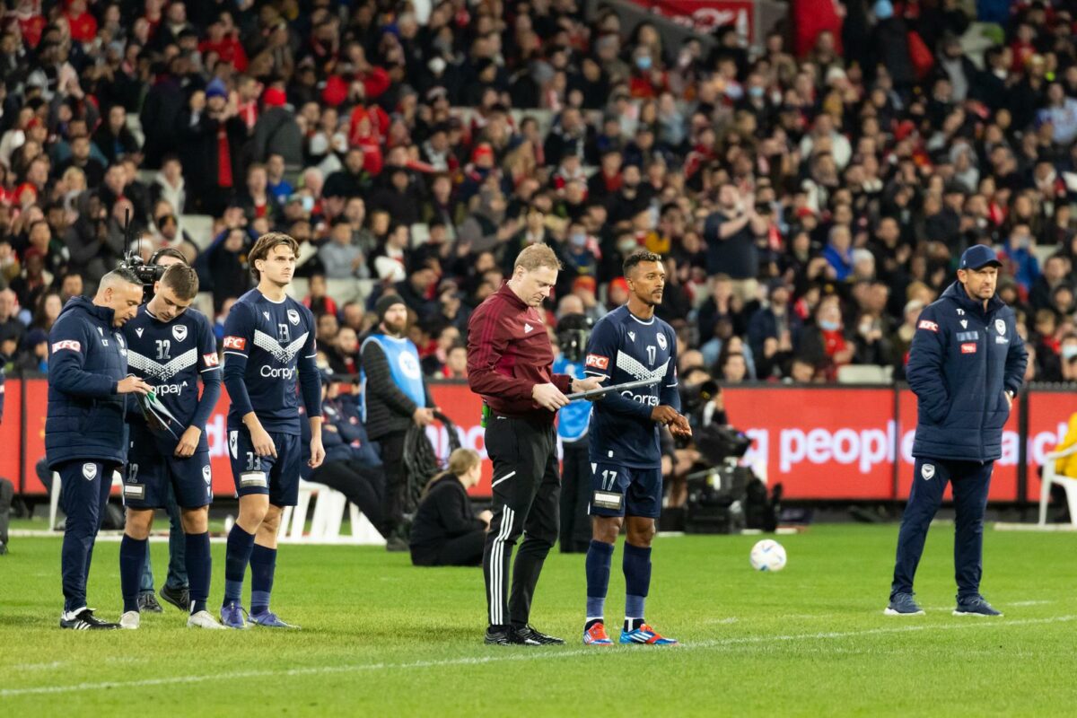 MELBOURNE AUSTRALIA JULY 15 Nani of Melbourne Victory prepares to come on as a sub to play Manchester United in a pre season friendly football match at the MCG on 15th July 2022. ○ Soccer Blade