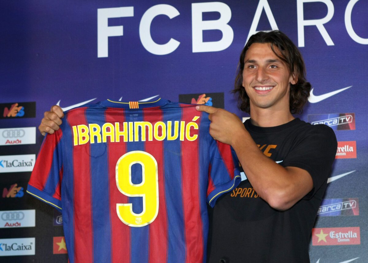 Futbol Club Barcelonas new international Swedish forward Zlatan Ibrahimovic during his official presentation after signing with the Catalan giants in Barcelona on July 27 2009 in Barcelona ○ Soccer Blade