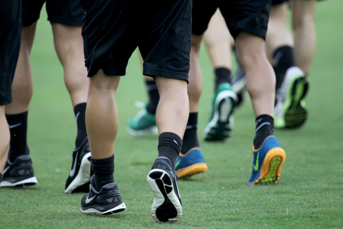 THESSALONIKI GREECE AUGUST 14 2014 Footballers feet while running before the friendly match Paok vs Inter ○ Soccer Blade