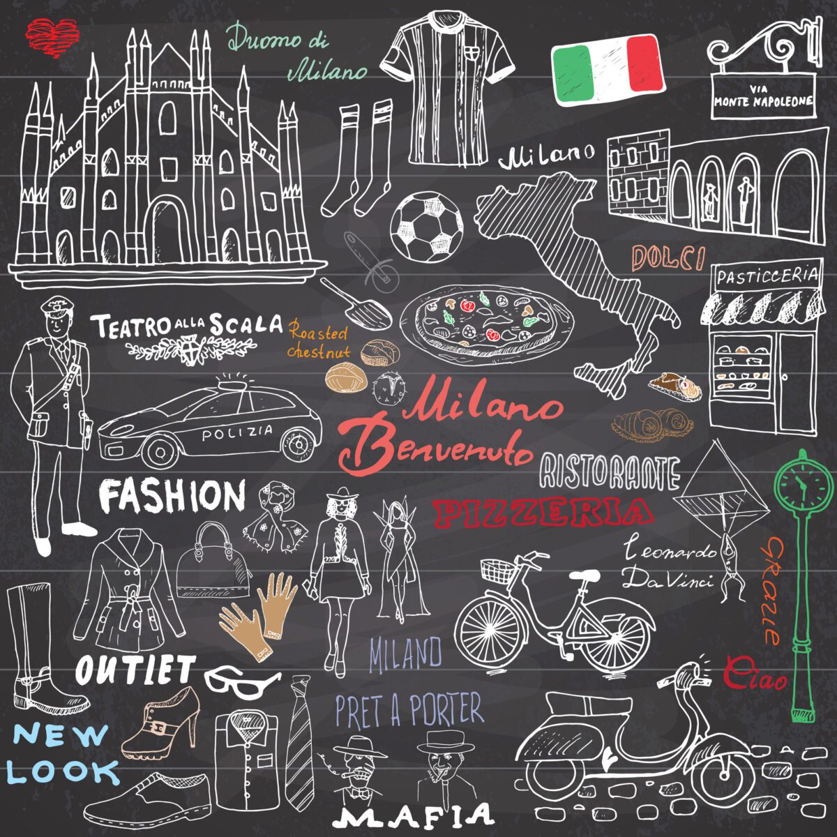 Milan Italy sketch elements. Drawing doodle collection on chalkboard. history including soccer ○ Soccer Blade