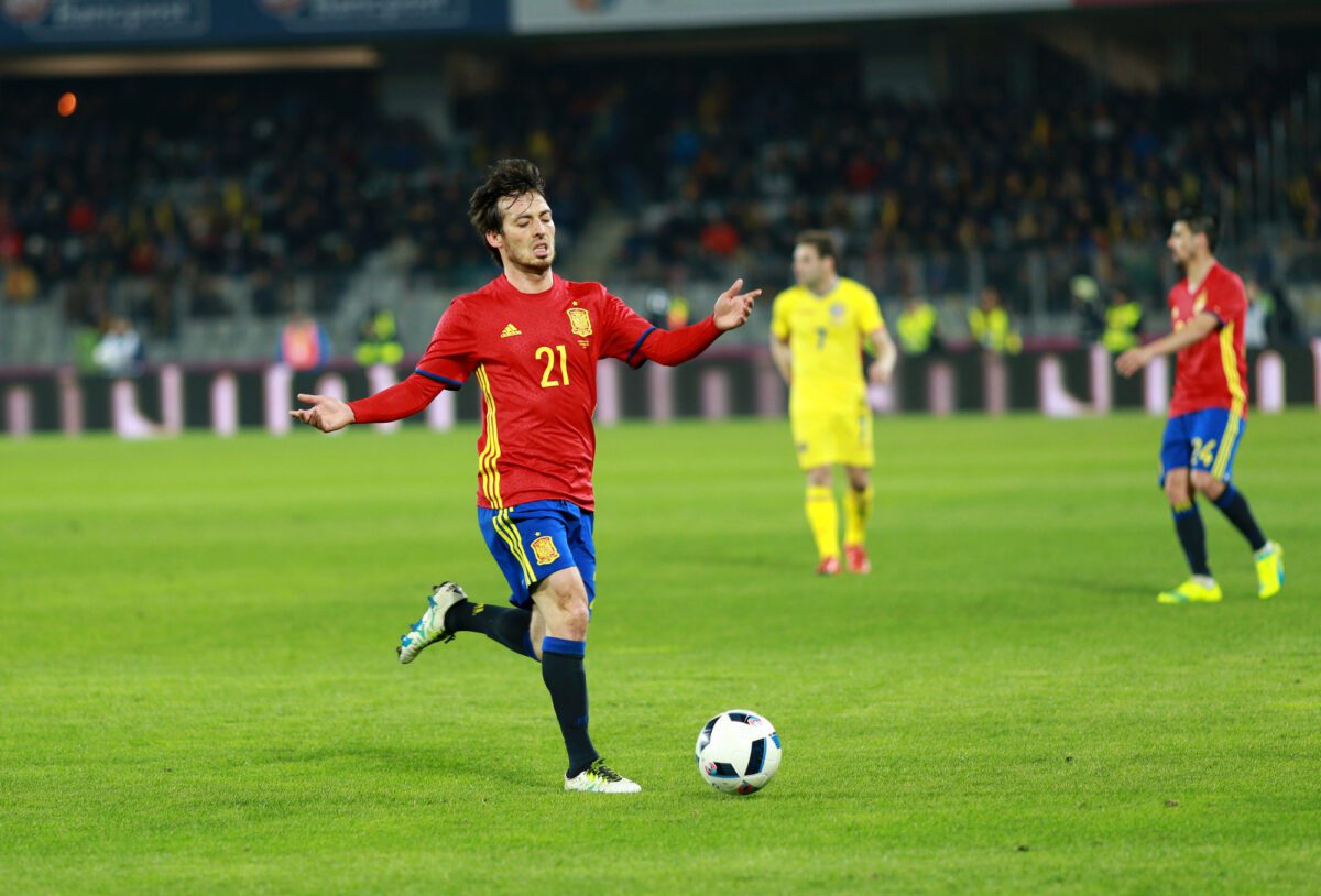 CLUJ NAPOCA ROMANIA MARCH 27 2016 David Silva red player of Manchester City and the Spain national team playing against Romania before Euro 2016 2 ○ Soccer Blade
