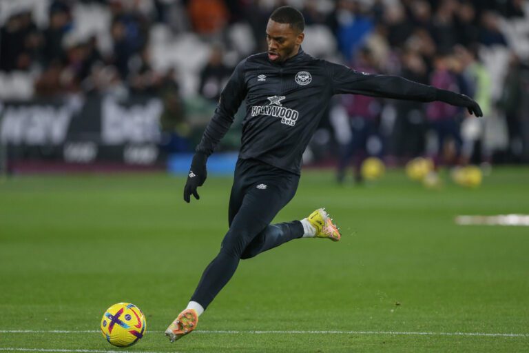 Ivan Toney 17 of Brentford during the pre match warm up ahead of the Premier League match West Ham United vs Brentford at London Stadium London United Kingdom 30th December 2022 ○ Soccer Blade