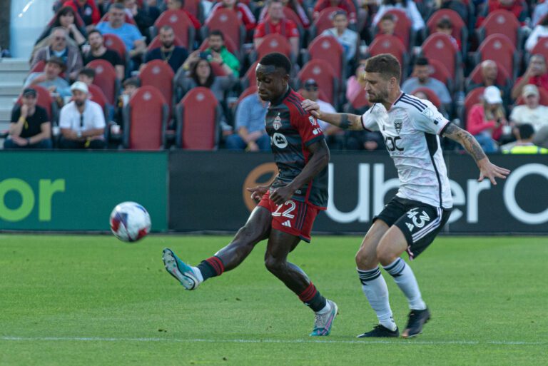 Toronto ON Canada May 27 2023 Richie Laryea 22 defender of the Toronto FC kicks the ball during the MLS Regular Season match between Toronto FC Canada and D.C.United USA at BMO Field in Toronto Canada ○ Soccer Blade